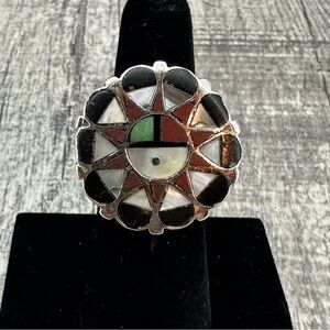 Vintage Zuni Sunface Inlay Ring Sterling Silver Turquoise Coral MOP Multi Sz6.25